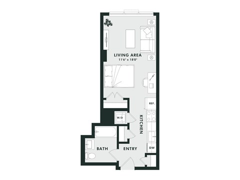 A floor plan of a small apartment with a living area, kitchen, bathroom and entry.